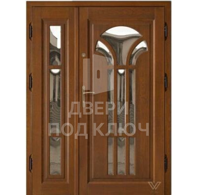 Металлическая входная полуторная дверь с резьбой и отделкой филенчатым МДФ ДПК-11926